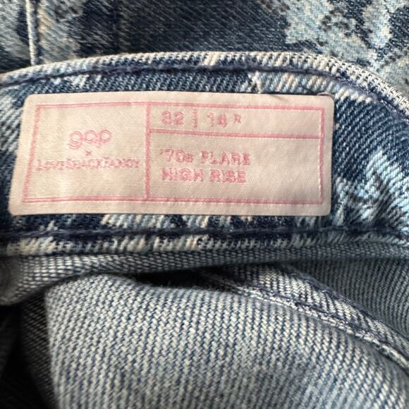 Gap × LoveShackFancy High Rise Floral ‘70s Flare Jeans Blue Front Pocket Sz 32 - Picture 9 of 10